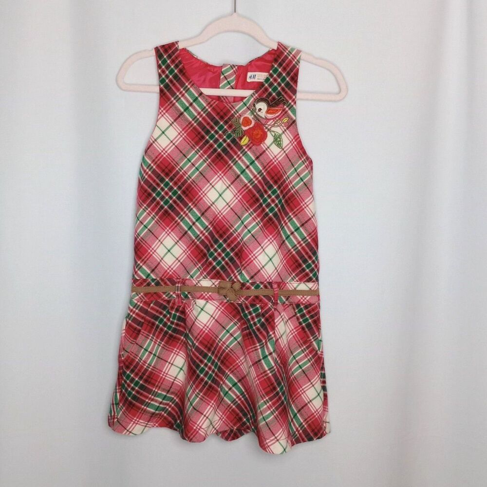 H&M Plaid Dress Sleeveless  Embroidered Lined Drop Waist Midi Youth Girls 6 / 7